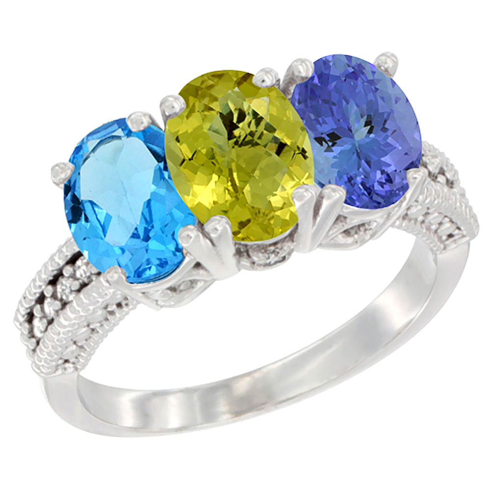 14K White Gold Natural Swiss Blue Topaz, Lemon Quartz & Tanzanite Ring 3-Stone 7x5 mm Oval Diamond Accent, sizes 5 - 10