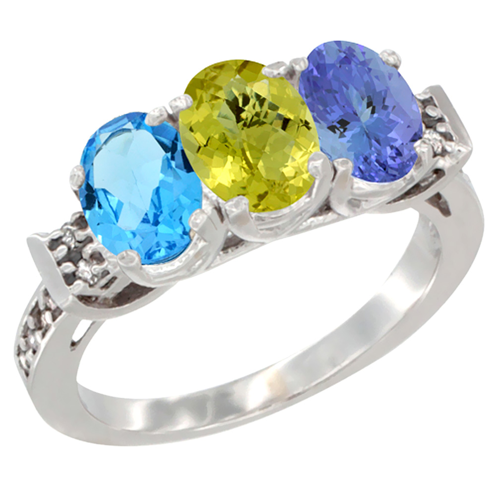 10K White Gold Natural Swiss Blue Topaz, Lemon Quartz & Tanzanite Ring 3-Stone Oval 7x5 mm Diamond Accent, sizes 5 - 10