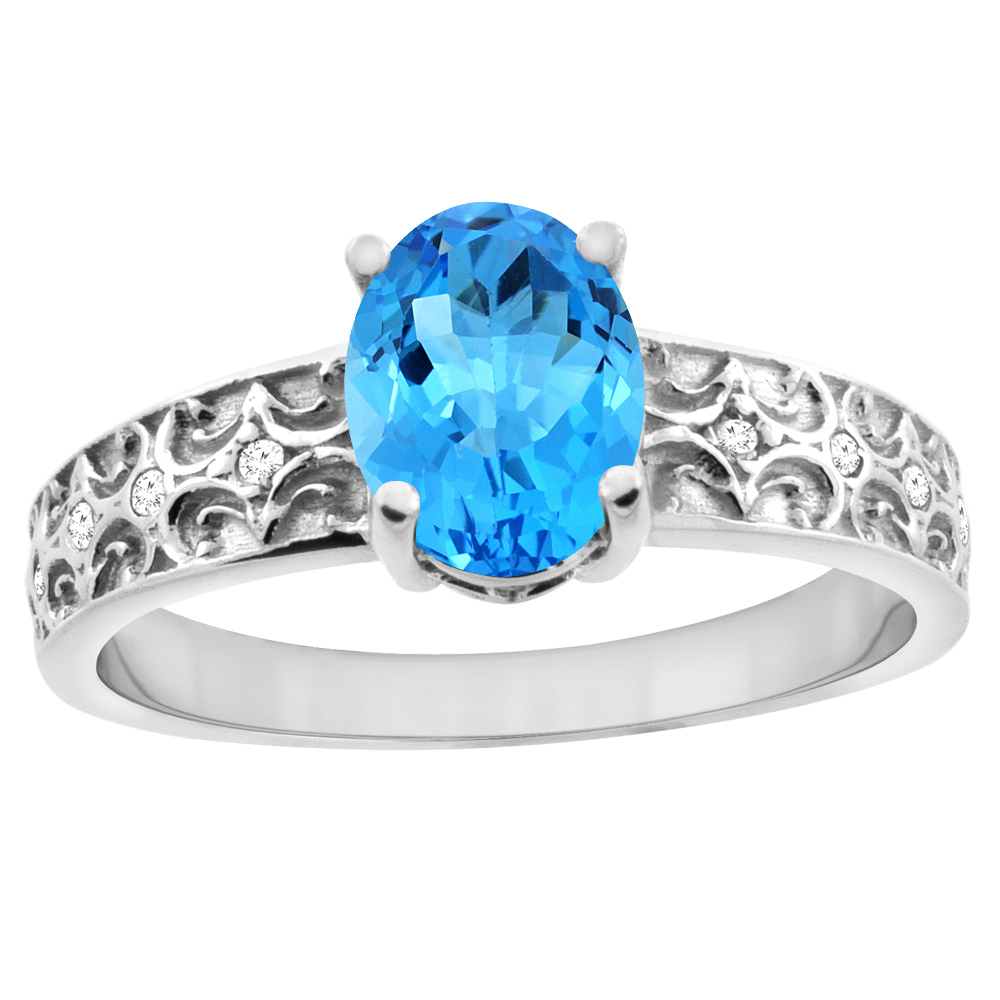 10K White Gold Genuine Blue Topaz Ring Oval 8x6 mm Diamond Accent sizes 5 - 10