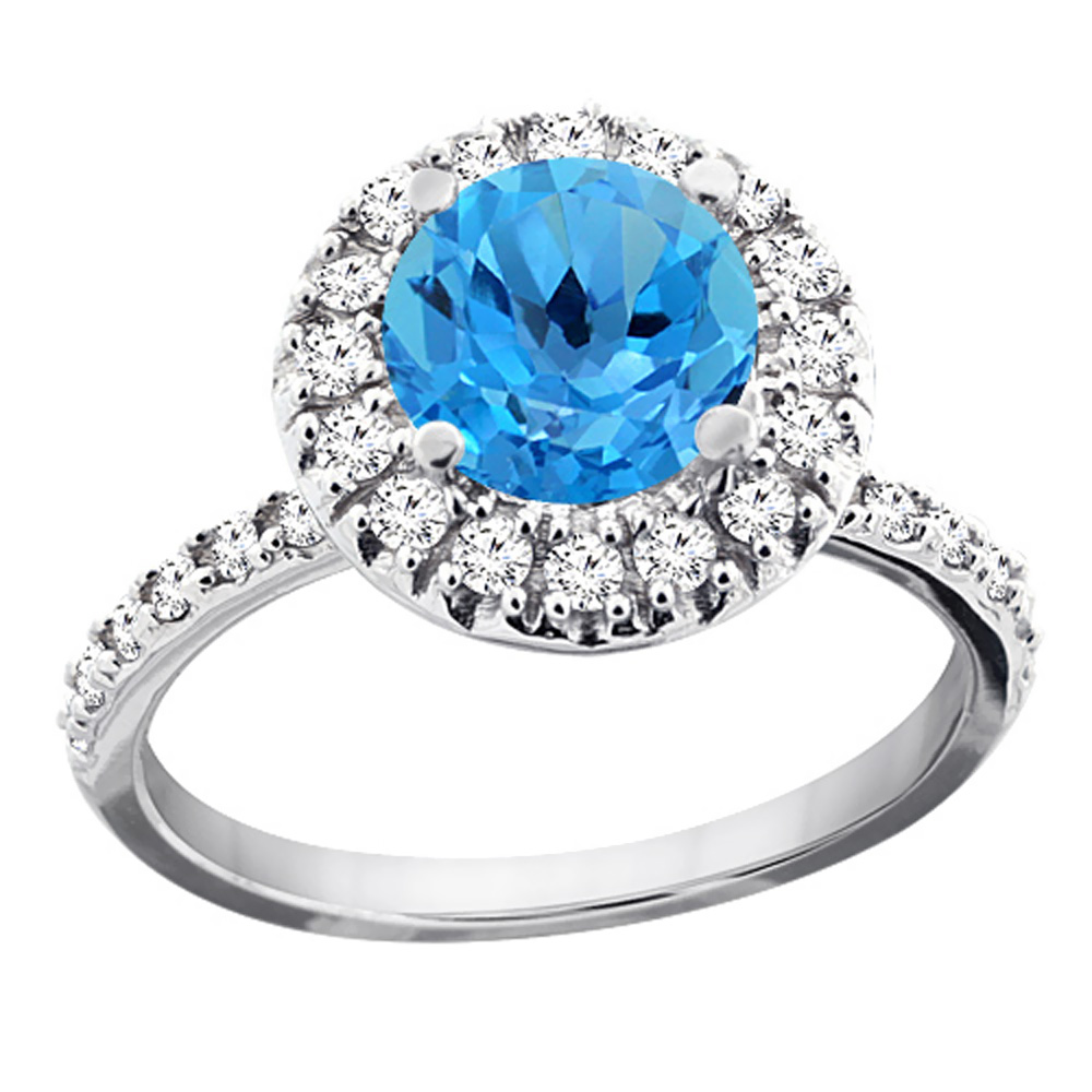 10K White Gold Genuine Blue Topaz Ring Round 8mm Floating Halo Diamond sizes 5 - 10