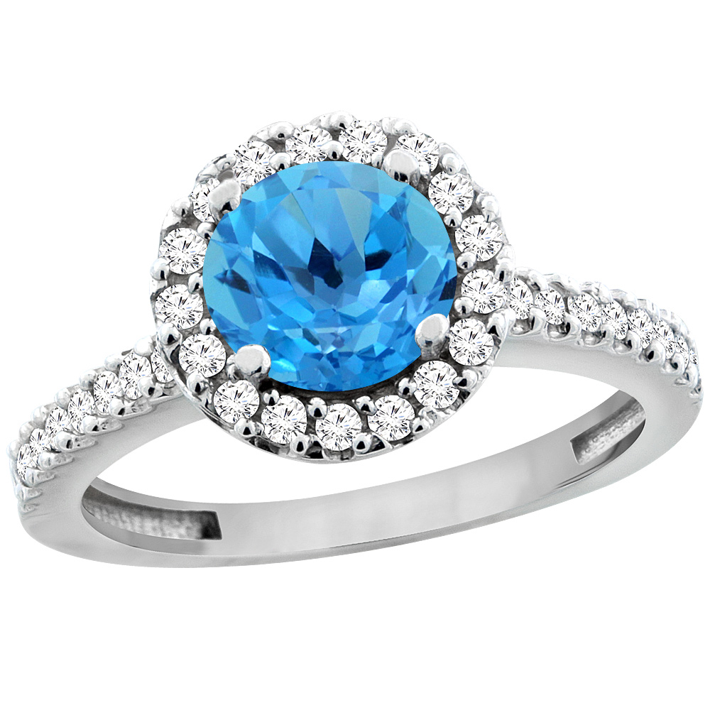 10K White Gold Genuine Blue Topaz Ring Round 6mm Floating Halo Diamond sizes 5 - 10