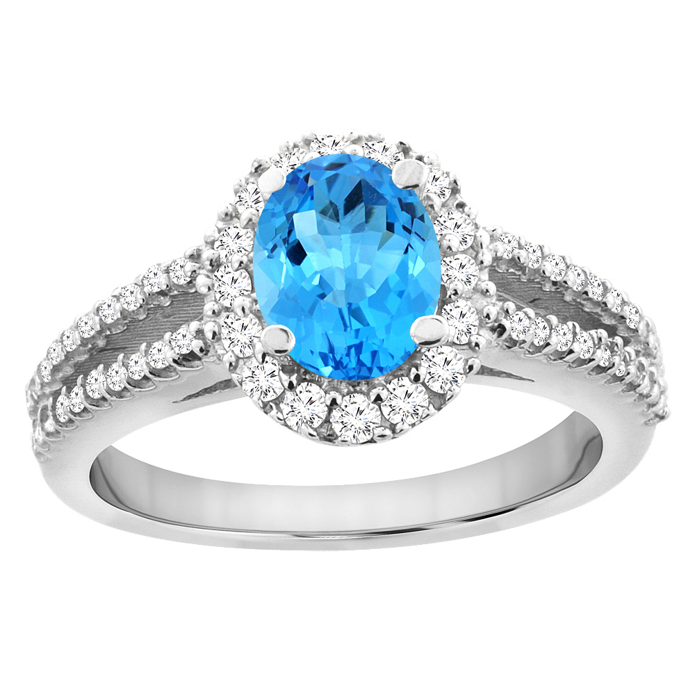 14K White Gold Natural Swiss Blue Topaz Split Shank Halo Engagement Ring Oval 7x5 mm, sizes 5 - 10