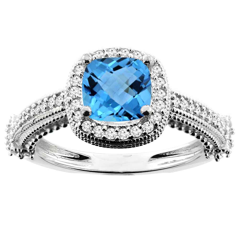 10K White/Yellow/Rose Gold Genuine Blue Topaz Ring Halo Cushion Cut 7x7mm Diamond Accent sizes 5 - 10