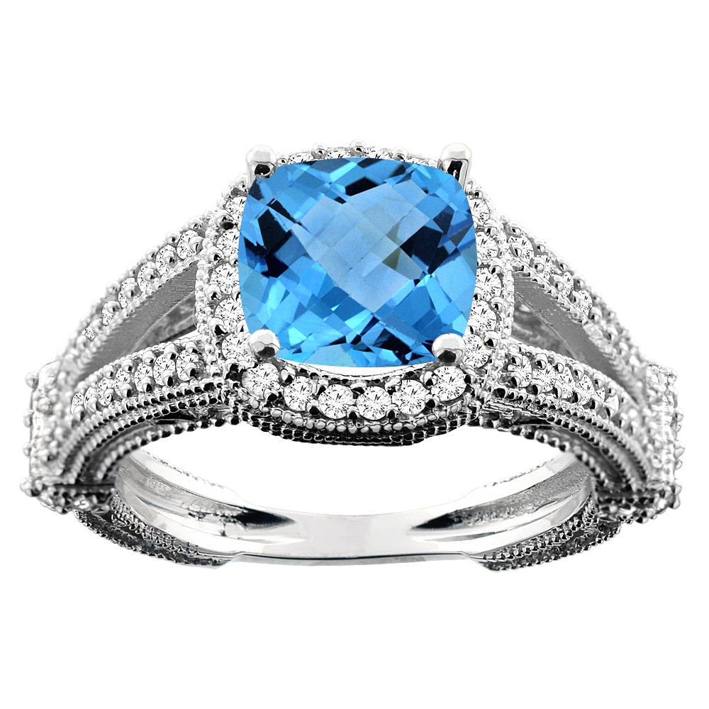 10K Gold Genuine Blue Topaz Ring Halo Cushion Cut 8x8mm Diamond Accent 3/8 inch sizes 5 - 10