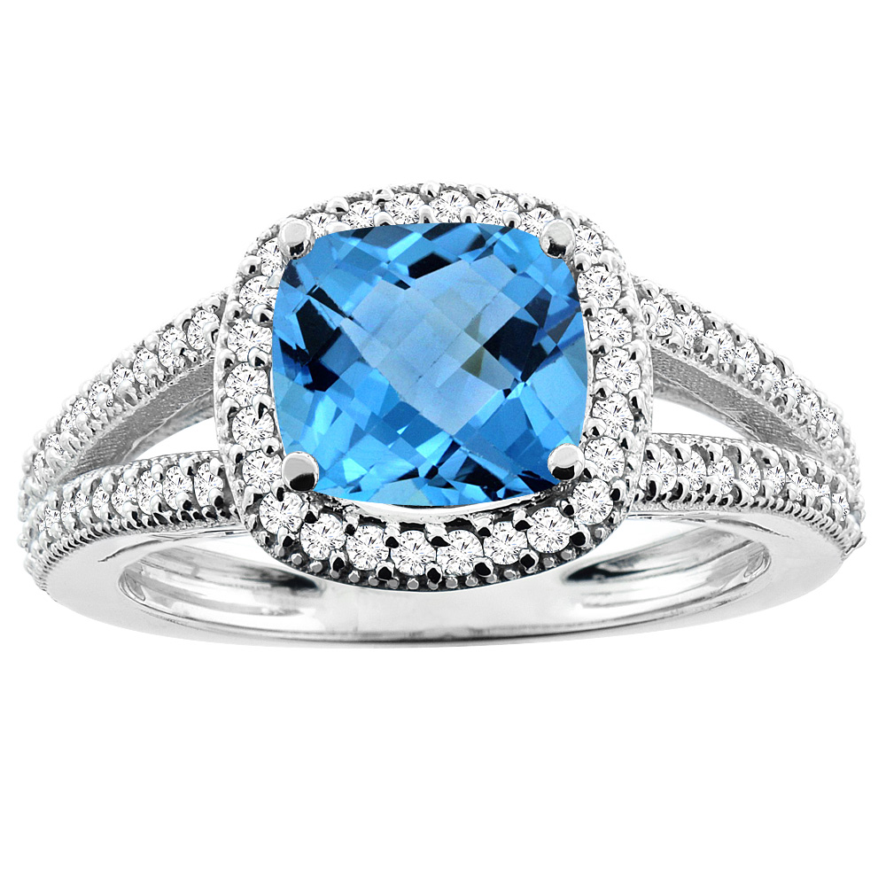 10K White Gold Genuine Blue Topaz Ring Halo Cushion Cut 7x7mm Diamond Accent 3/8 inch wide sizes 5 - 10