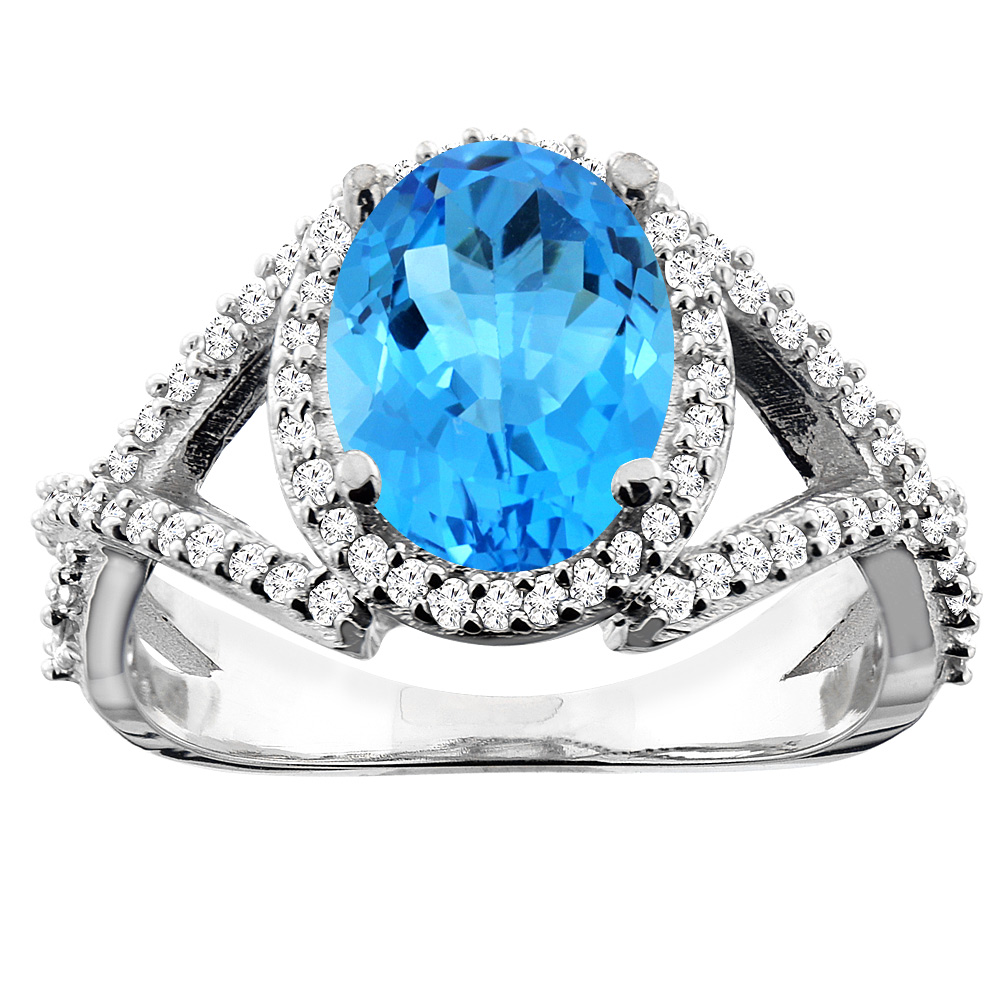 10K White/Yellow/Rose Gold Genuine Blue Topaz Ring Halo Oval 10x8mm Diamond Accent sizes 5 - 10