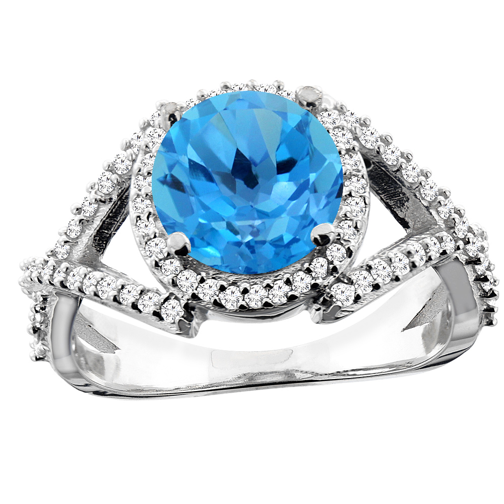 10K White/Yellow/Rose Gold Genuine Blue Topaz Ring Halo Round 8mm Diamond Accent sizes 5 - 10