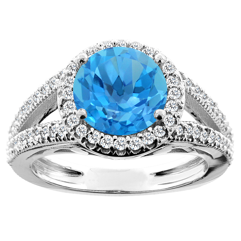 14K White/Yellow/Rose Gold Natural Swiss Blue Topaz Ring Round 8mm Diamond Accent, sizes 5 - 10