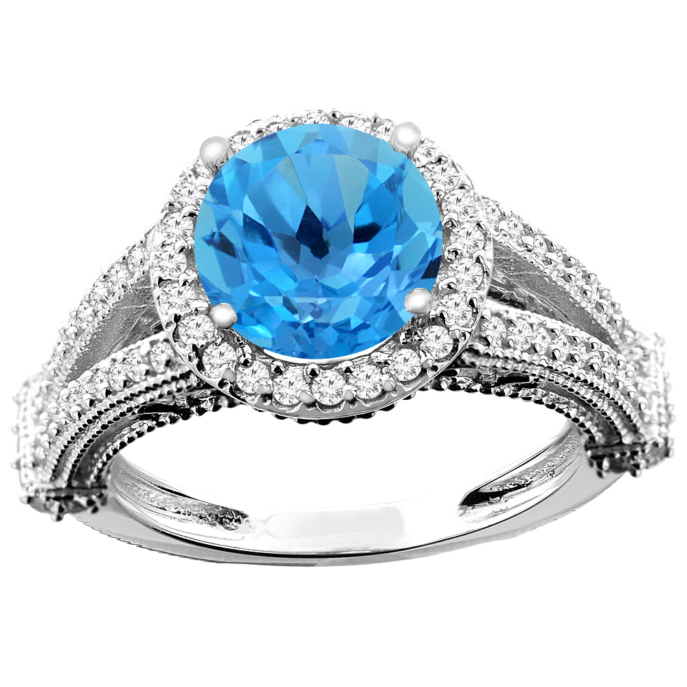 14K White/Yellow/Rose Gold Natural Swiss Blue Topaz Ring Round 8mm Diamond Accent, sizes 5 - 10