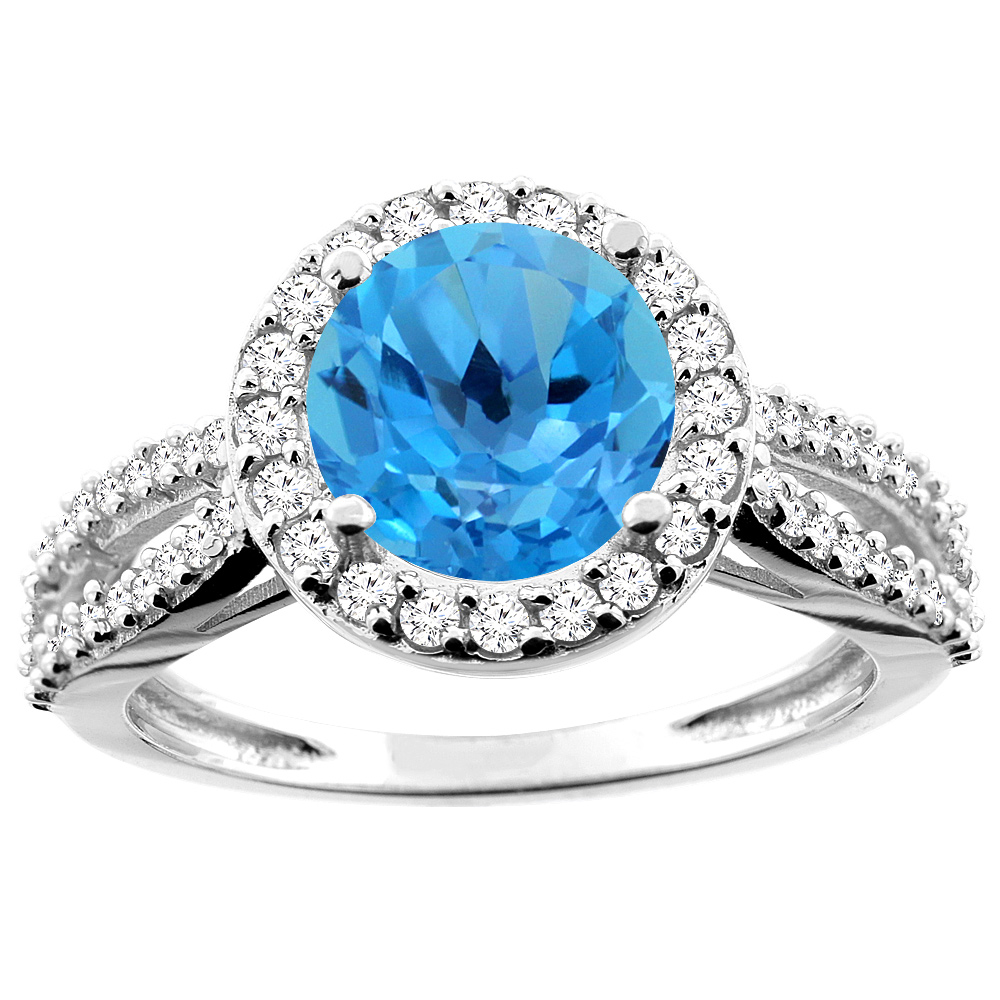 10K White/Yellow/Rose Gold Genuine Blue Topaz Ring Halo Round 8mm Diamond Accent sizes 5 - 10