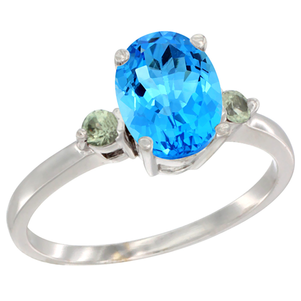 10K White Gold Natural Swiss Blue Topaz Ring Oval 9x7 mm Green Sapphire Accent, sizes 5 to 10