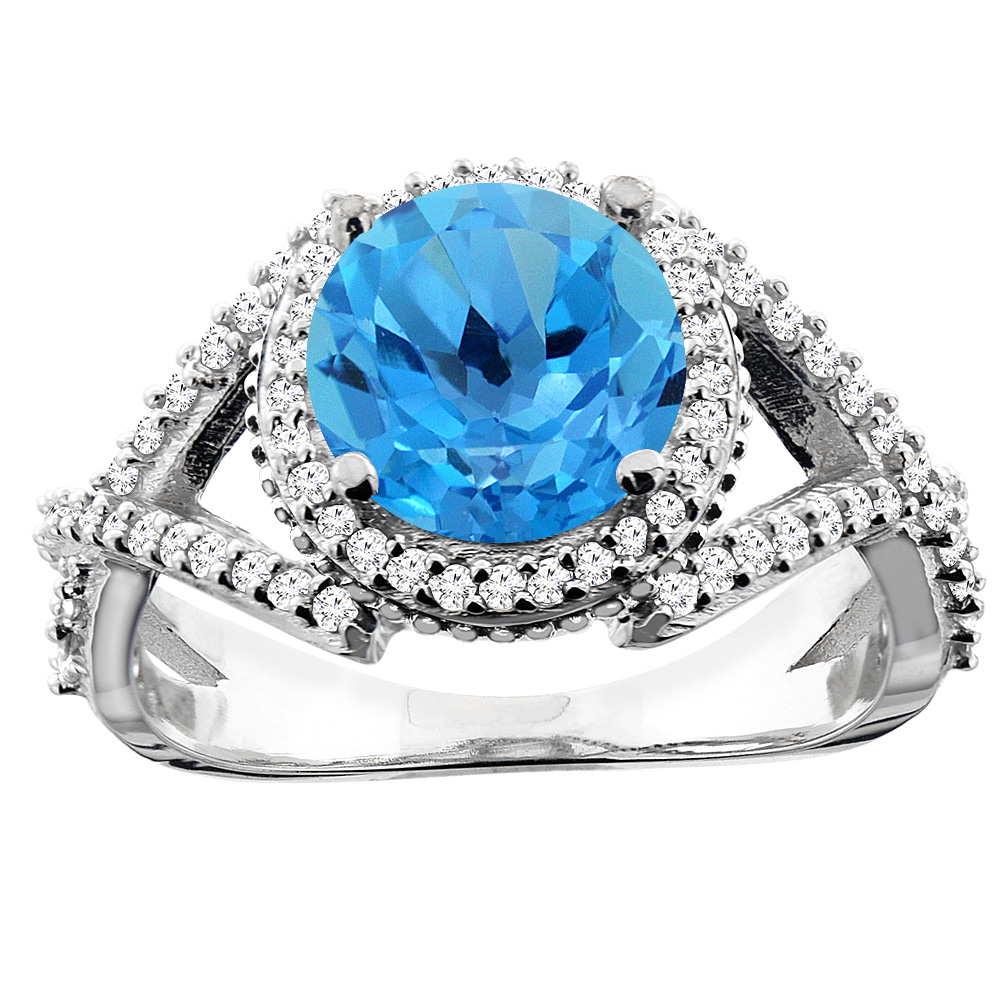 10K White/Yellow/Rose Gold Genuine Blue Topaz Ring Halo Round 8mm Diamond Accent sizes 5 - 10