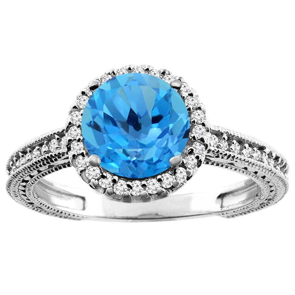 10K White/Yellow/Rose Gold Genuine Blue Topaz Ring Halo Round 7mm Diamond Accent sizes 5 - 10