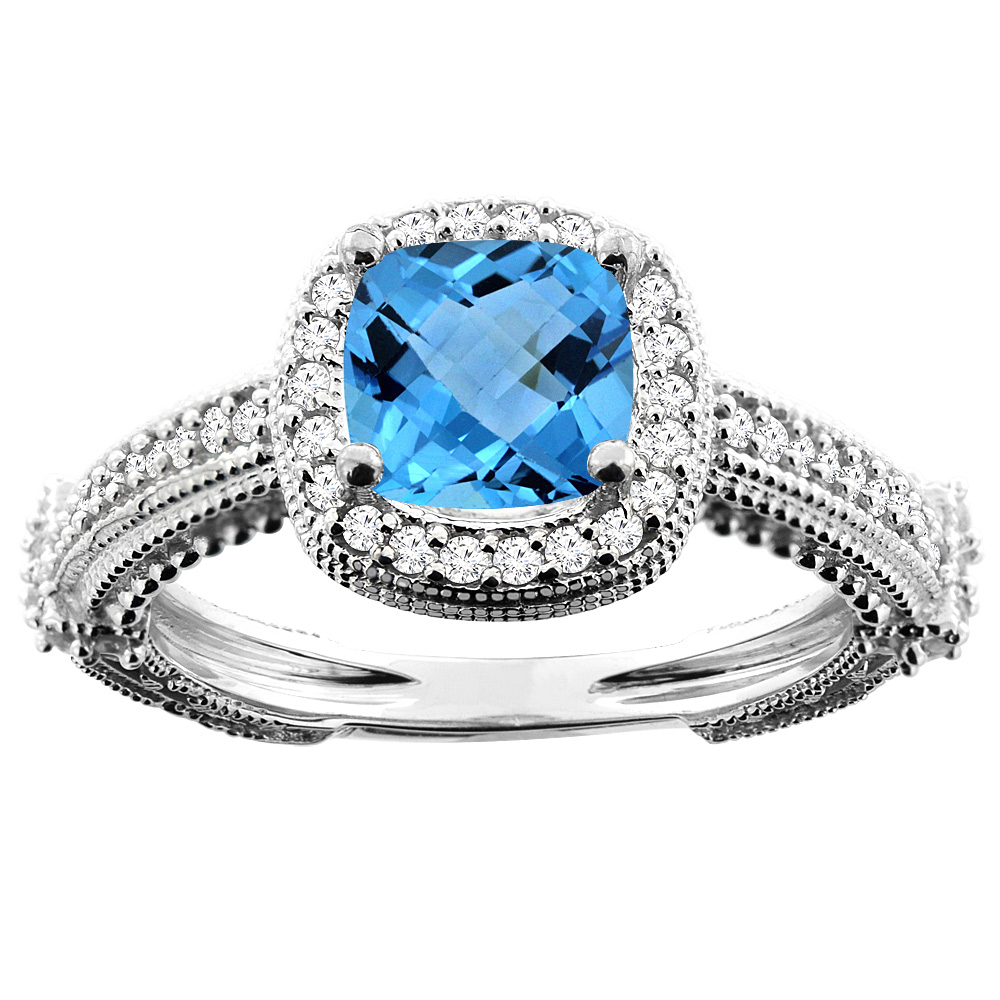 10K White/Yellow/Rose Gold Genuine Blue Topaz Ring Halo Cushion Cut 7x7mm Diamond Accent sizes 5 - 10