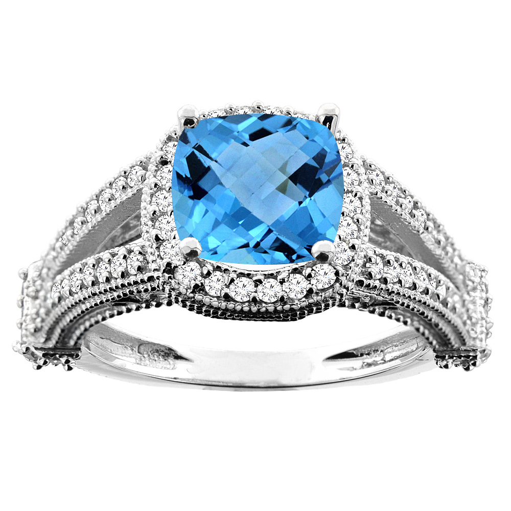 10K White/Yellow/Rose Gold Genuine Blue Topaz Split Shank Ring Halo Cushion Cut 7x7mm Diamond Accent sizes 5 - 10