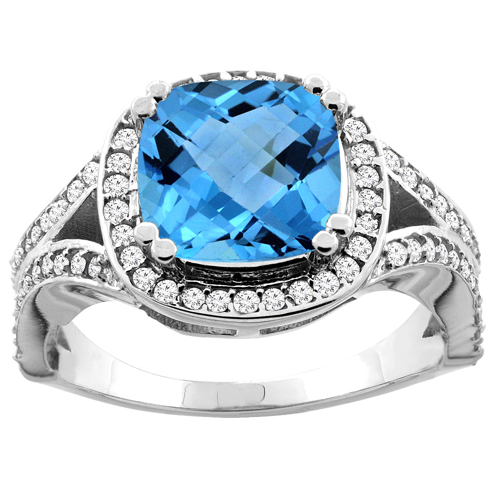 10K Yellow Gold Natural Swiss Blue Topaz Split Ring Cushion 8x8mm Diamond Accent, sizes 5 - 10