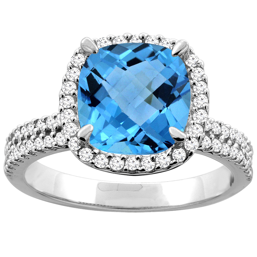 10K White/Yellow Gold Genuine Blue Topaz Halo Ring Cushion Cut 9x9mm Diamond Accent sizes 5 - 10