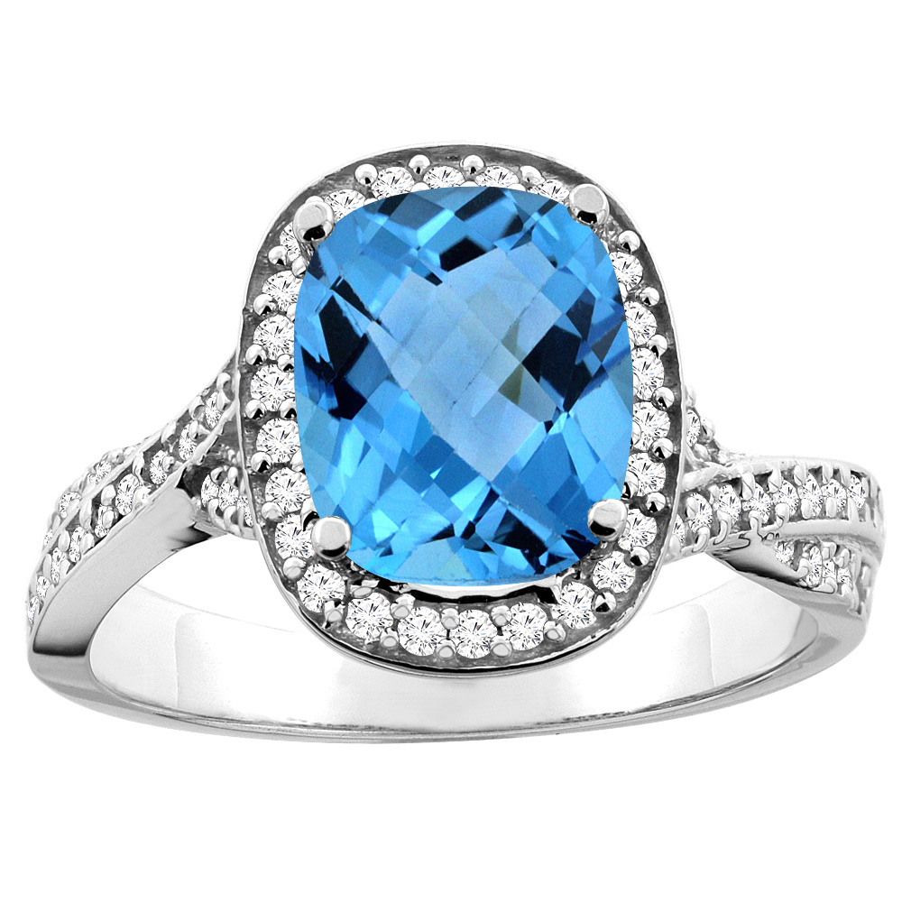 10K White/Yellow Gold Genuine Blue Topaz Halo Ring Cushion Cut 9x7mm Diamond Accent sizes 5 - 10