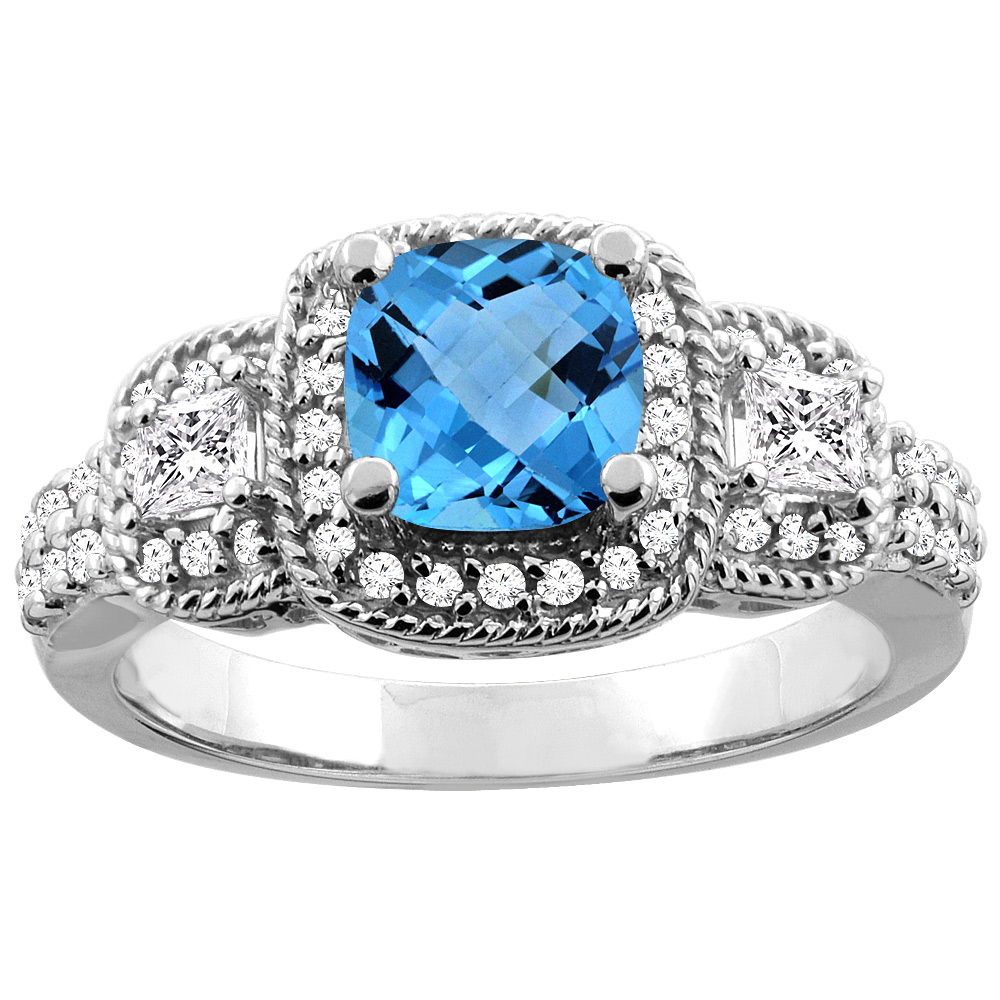 10K White/Yellow Gold Genuine Blue Topaz Ring Halo Cushion Cut 6x6 mm Diamond Accent sizes 5 - 10