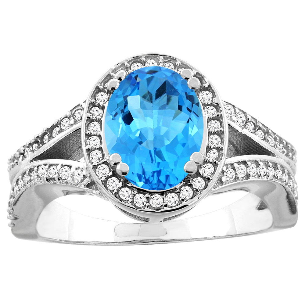 10K White/Yellow Gold Genuine Blue Topaz Split Ring Halo Oval 8x6mm Diamond Accent sizes 5 - 10