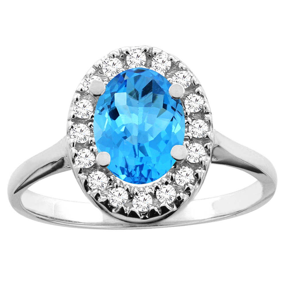 14K White/Yellow Gold Natural Swiss Blue Topaz Ring Oval 8x6mm Diamond Accent, sizes 5 - 10