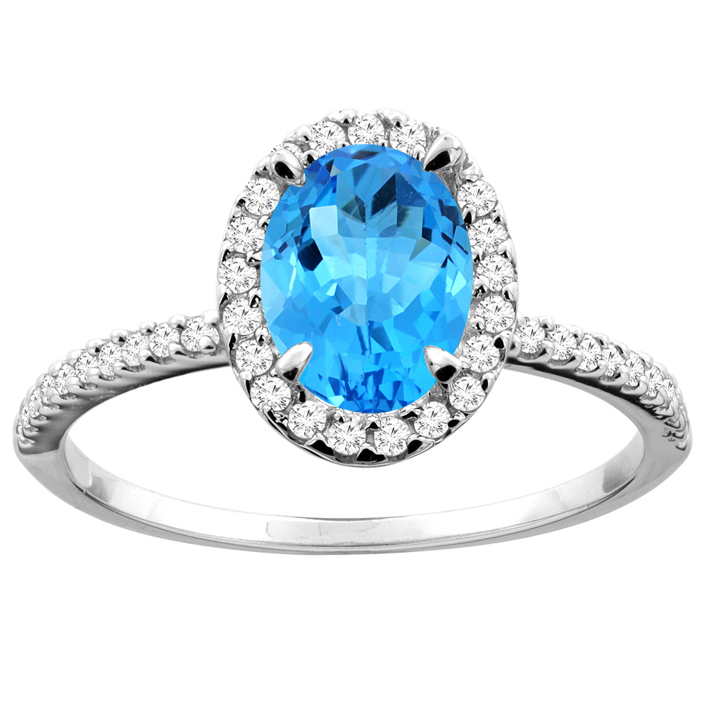 10K White/Yellow Gold Genuine Blue Topaz Ring Halo Oval 8x6mm Diamond Accent sizes 5 - 10