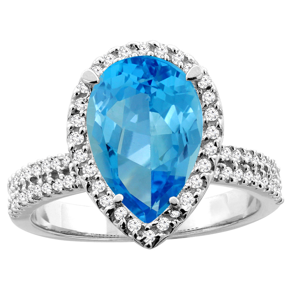 10K White/Yellow Gold Genuine Blue Topaz Ring Halo Pear 12x8mm Diamond Accent sizes 5 - 10