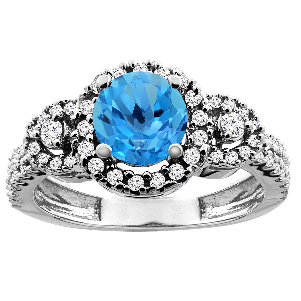 10K White/Yellow Gold Diamond Halo Genuine Blue Topaz Ring Round 6mm sizes 5 - 10