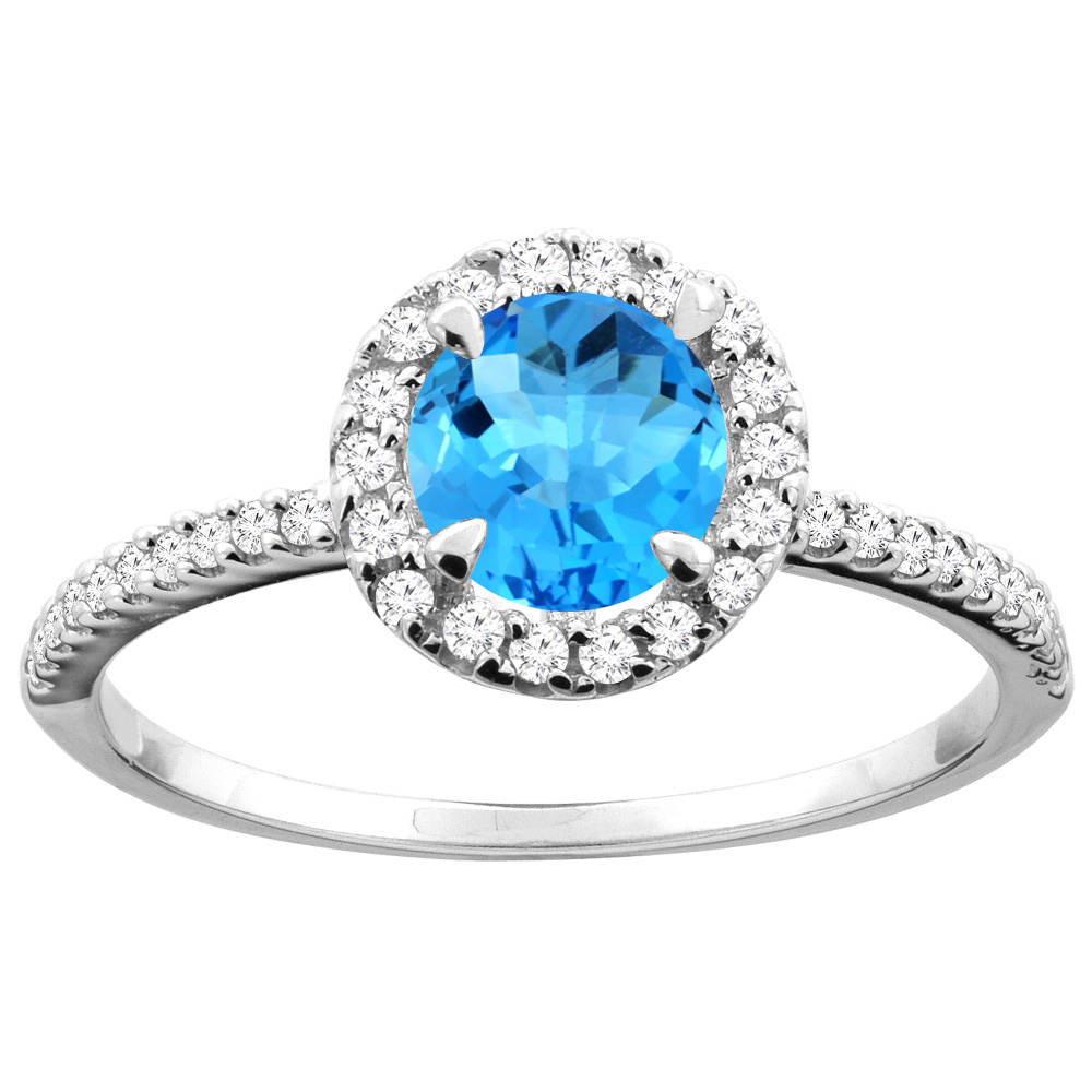 14K Gold Natural Swiss Blue Topaz Ring Round 6mm Diamond Accents, sizes 5 - 10