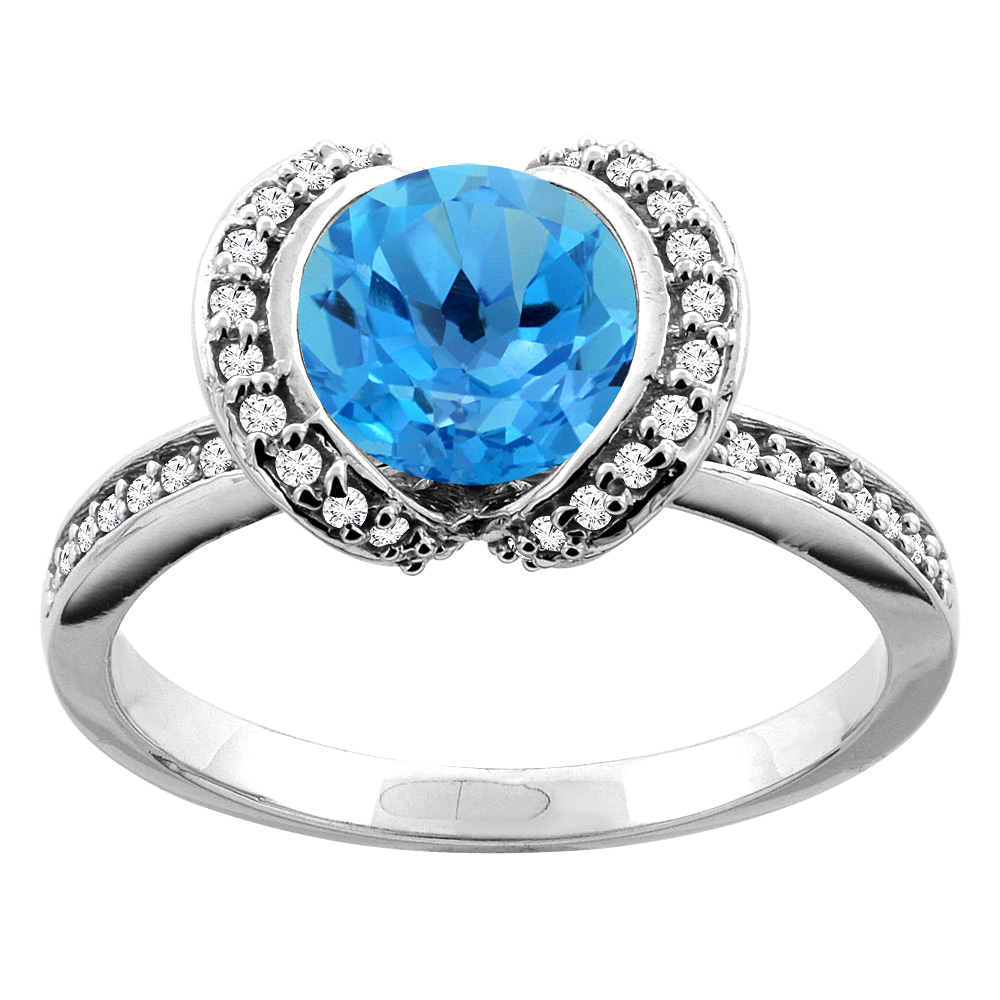 10K White/Yellow Gold Natural Aquamarine Ring Round 7mm Diamond Accent, sizes 5 - 10