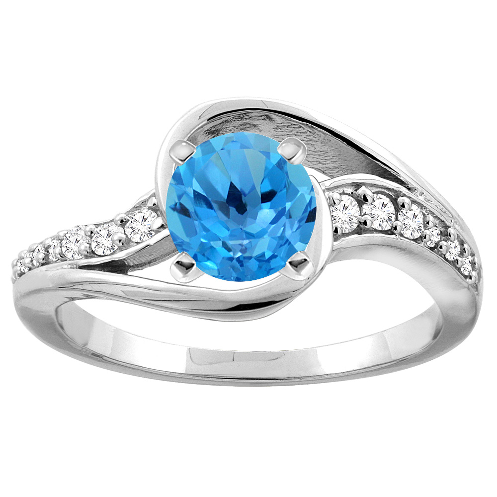 10K Gold Genuine Blue Topaz Bypass Ring Round 6mm Diamond Accent sizes 5 - 10