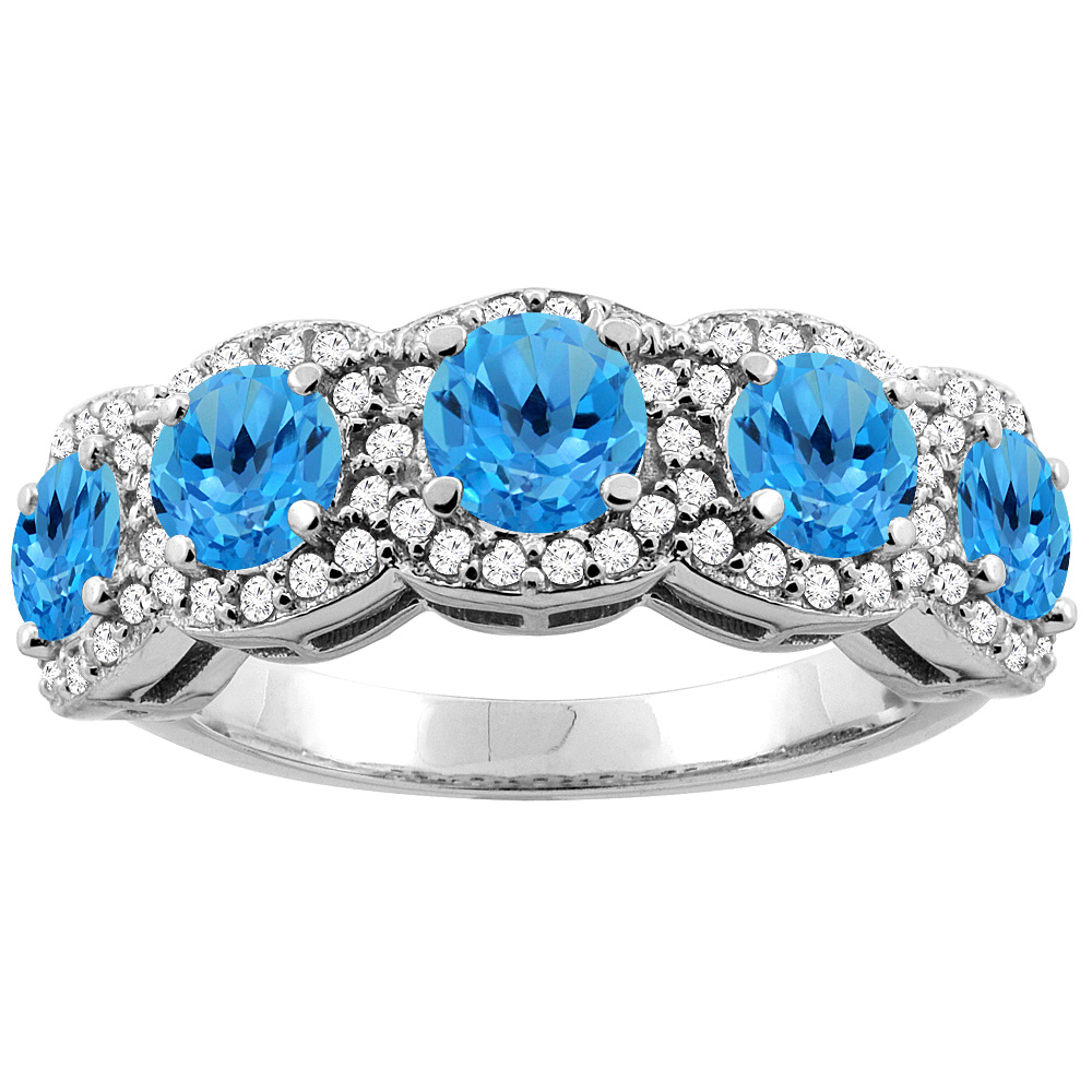 14K Gold Natural Swiss Blue Topaz 5-Stone Ring Round 4mm, sizes 5 - 10