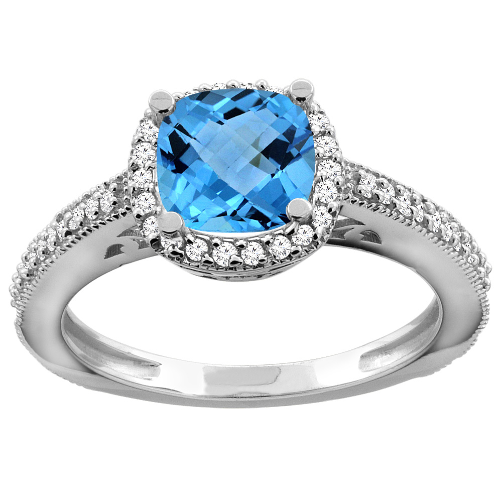 14K Yellow Gold Natural Swiss Blue Topaz Engagement Ring Diamond Halo Cushion 7mm, sizes 5 - 10