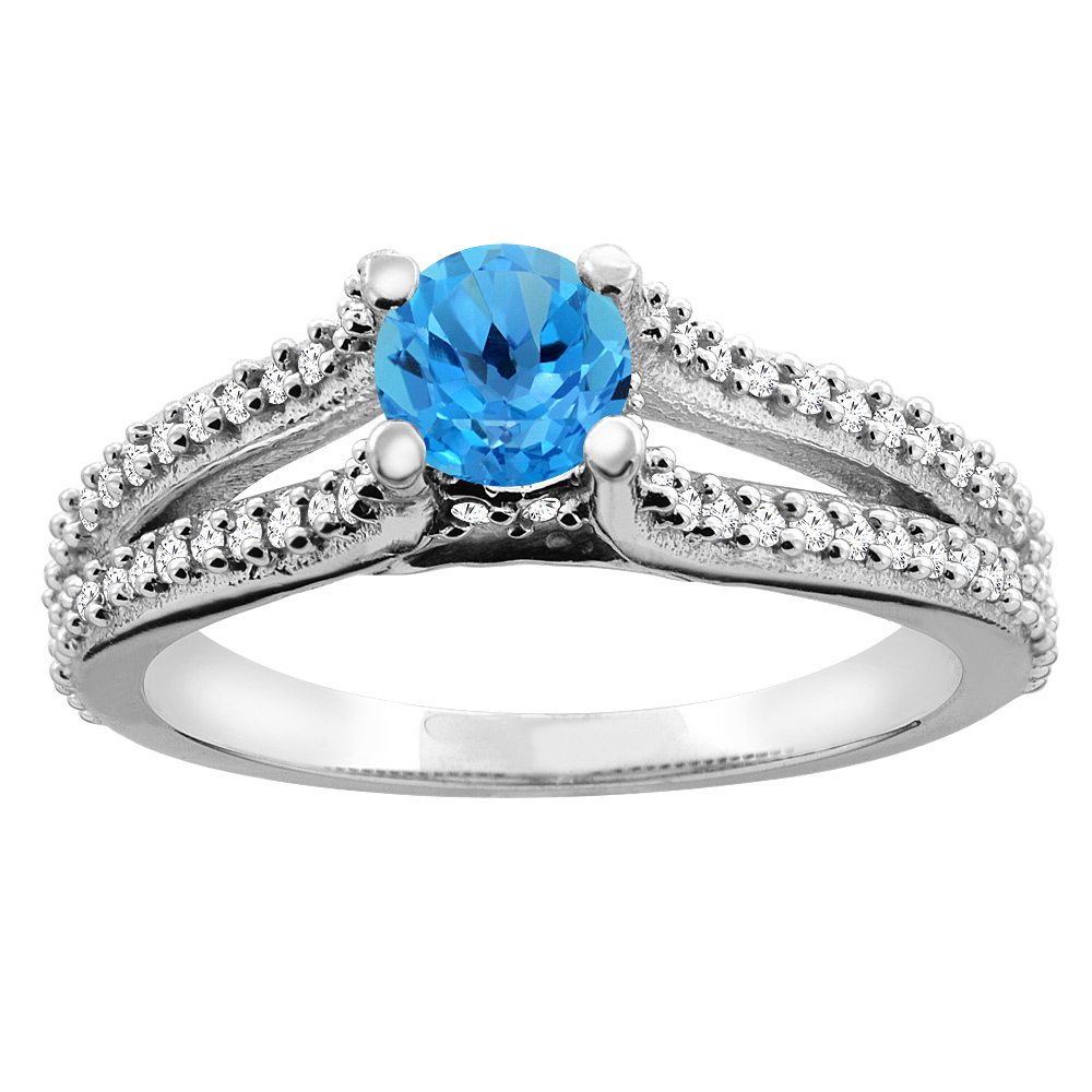 14K White Gold Natural Swiss Blue Topaz Engagement Split Shank Ring Round 5mm Diamond Accents, sizes 5 - 10