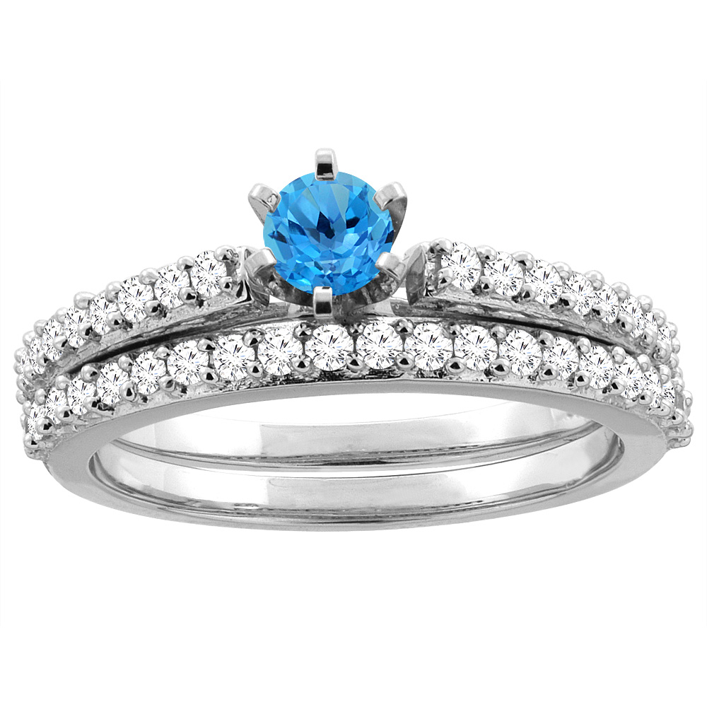 14K Yellow Gold Natural Swiss Blue Topaz 2-piece Bridal Ring Set Round 4mm, sizes 5 - 10