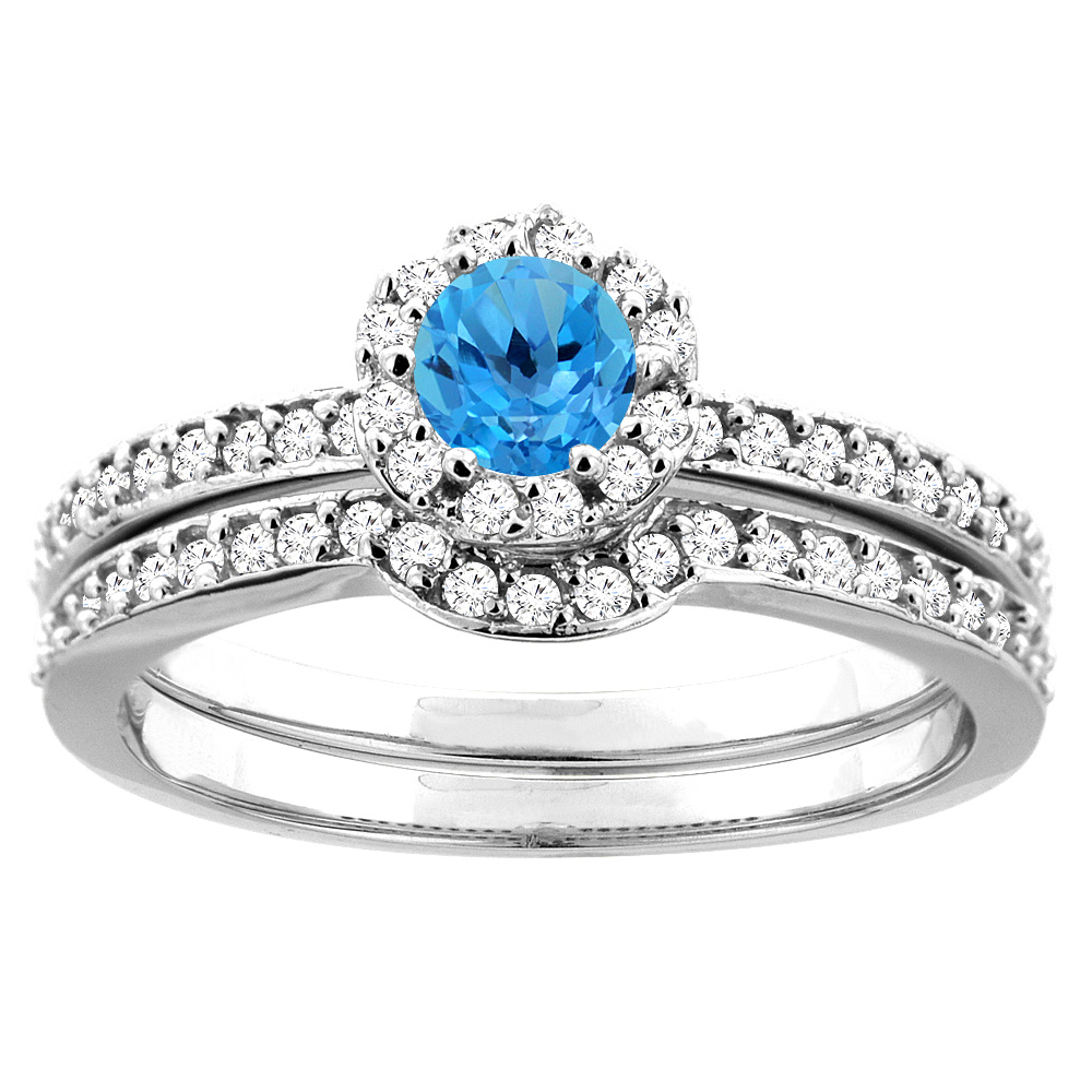 14K White Gold Natural Swiss Blue Topaz 2-pc Bridal Ring Set Diamond Accent Round 4mm, sizes 5 - 10