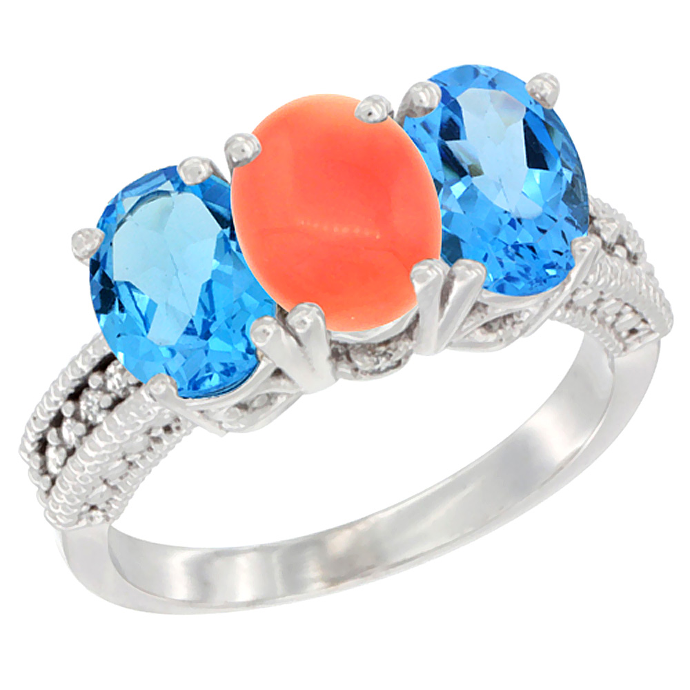 10K White Gold Natural Coral &amp; Swiss Blue Topaz Sides Ring 3-Stone Oval 7x5 mm Diamond Accent, sizes 5 - 10