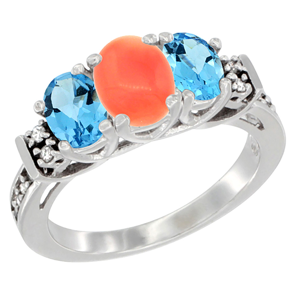 14K White Gold Natural Coral &amp; Swiss Blue Topaz Ring 3-Stone Oval Diamond Accent, sizes 5-10