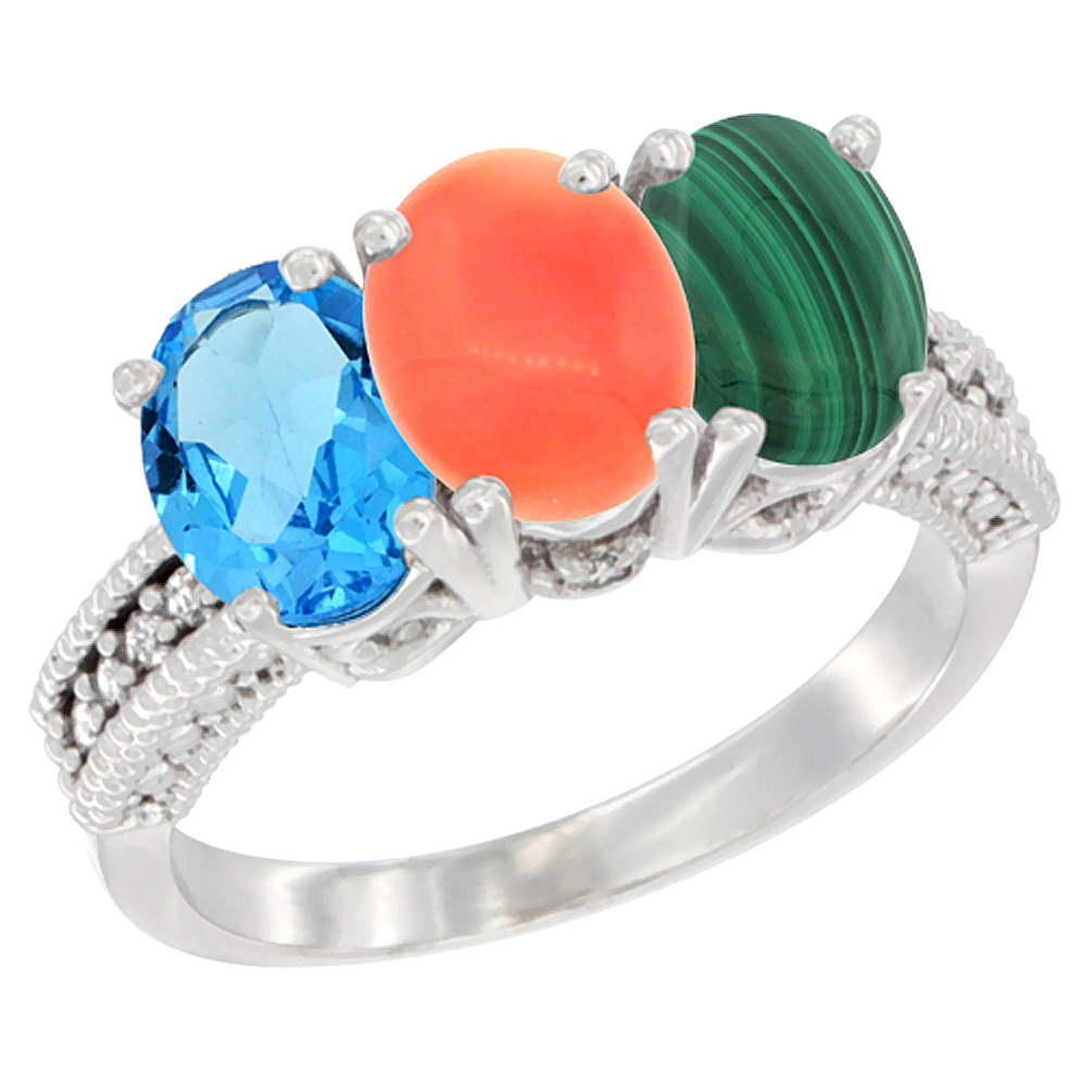 10K White Gold Natural Swiss Blue Topaz, Coral & Malachite Ring 3-Stone Oval 7x5 mm Diamond Accent, sizes 5 - 10