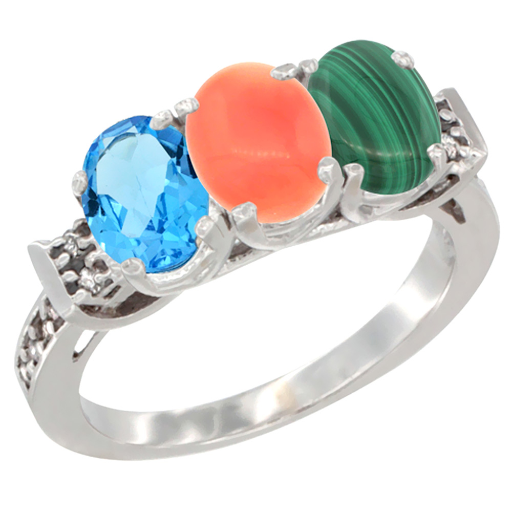 10K White Gold Natural Swiss Blue Topaz, Coral & Malachite Ring 3-Stone Oval 7x5 mm Diamond Accent, sizes 5 - 10