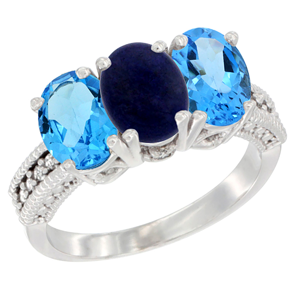 14K White Gold Natural Lapis &amp; Swiss Blue Topaz Sides Ring 3-Stone 7x5 mm Oval Diamond Accent, sizes 5 - 10