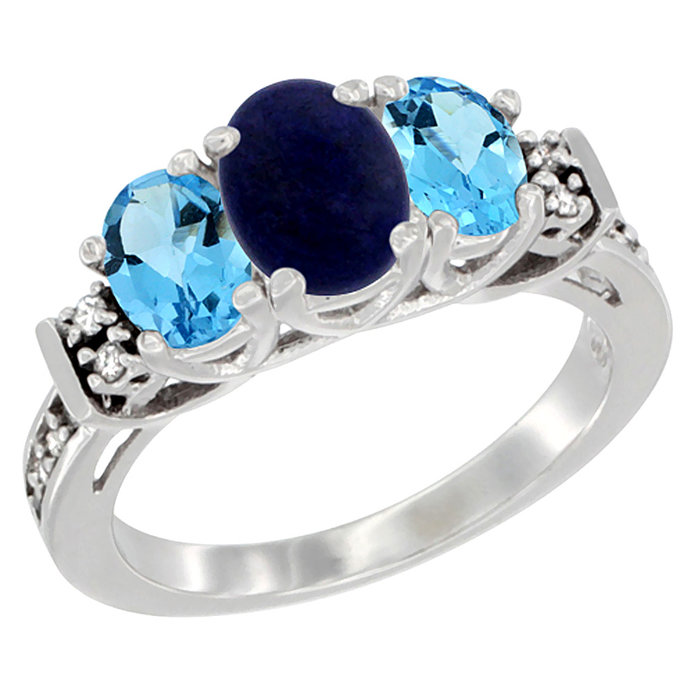 14K White Gold Natural Lapis & Swiss Blue Topaz Ring 3-Stone Oval Diamond Accent, sizes 5-10