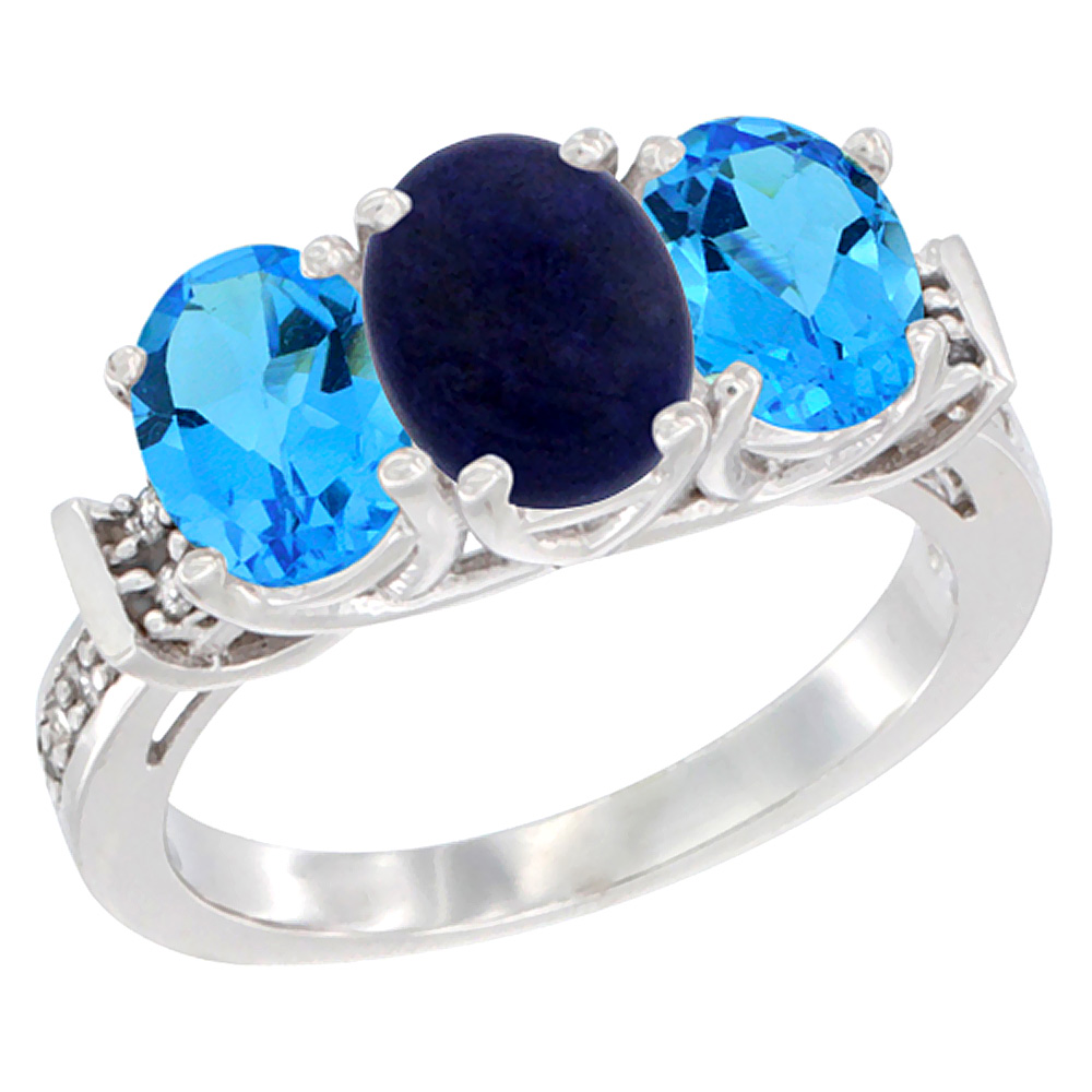 14K White Gold Natural Lapis &amp; Swiss Blue Topaz Sides Ring 3-Stone Oval Diamond Accent, sizes 5 - 10