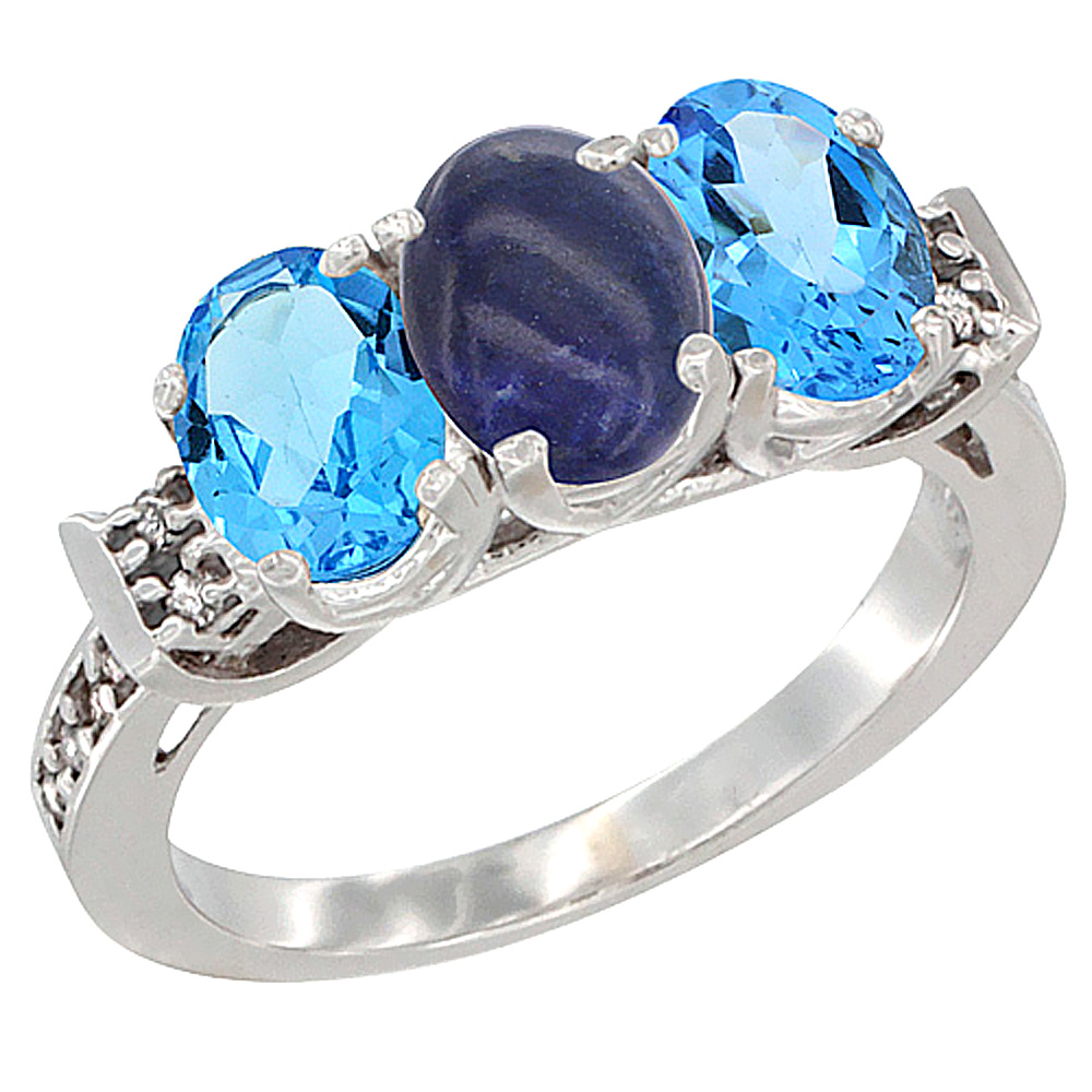 14K White Gold Natural Lapis & Swiss Blue Topaz Sides Ring 3-Stone 7x5 mm Oval Diamond Accent, sizes 5 - 10
