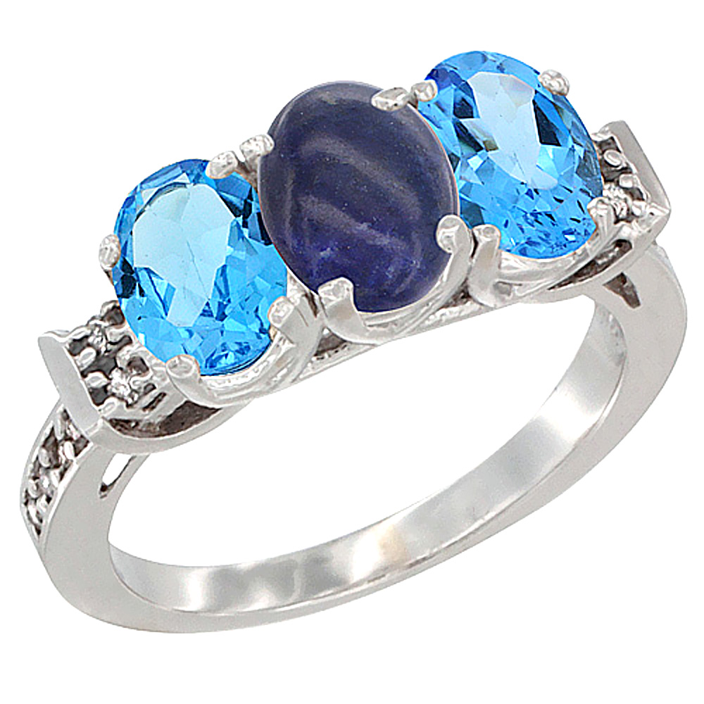 14K White Gold Natural Lapis &amp; Swiss Blue Topaz Sides Ring 3-Stone 7x5 mm Oval Diamond Accent, sizes 5 - 10