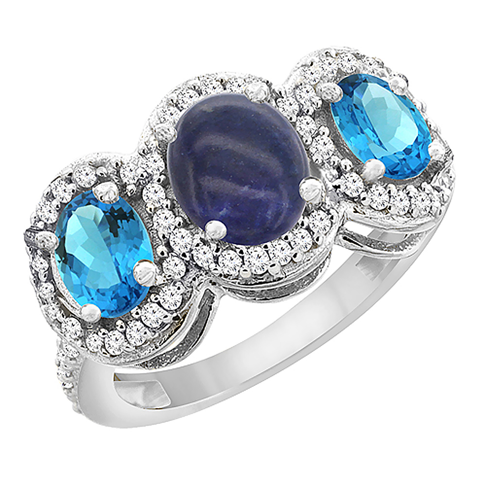 14K White Gold Natural Lapis &amp; Swiss Blue Topaz 3-Stone Ring Oval Diamond Accent, sizes 5 - 10