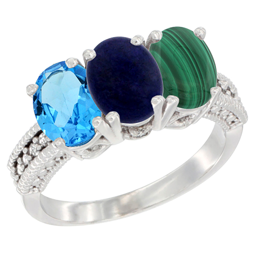 10K White Gold Natural Swiss Blue Topaz, Lapis & Malachite Ring 3-Stone Oval 7x5 mm Diamond Accent, sizes 5 - 10