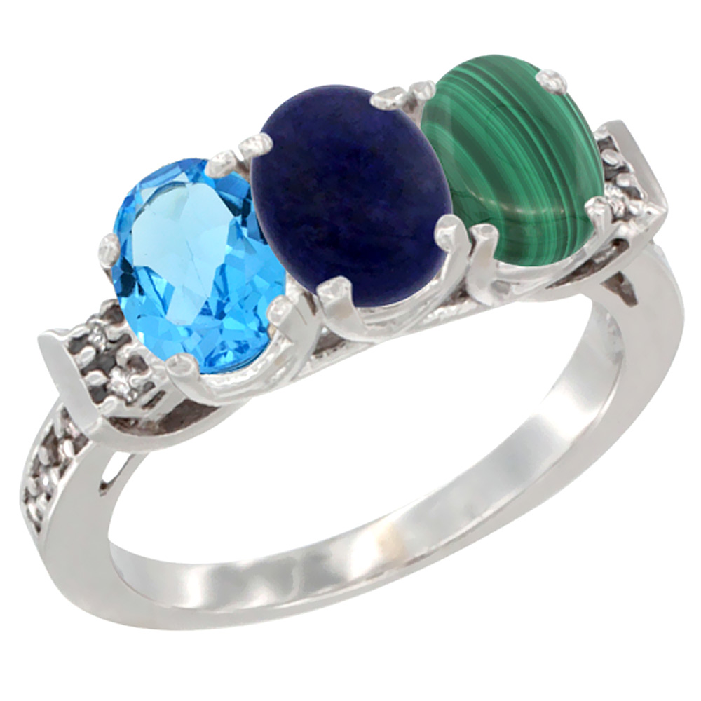 10K White Gold Natural Swiss Blue Topaz, Lapis & Malachite Ring 3-Stone Oval 7x5 mm Diamond Accent, sizes 5 - 10