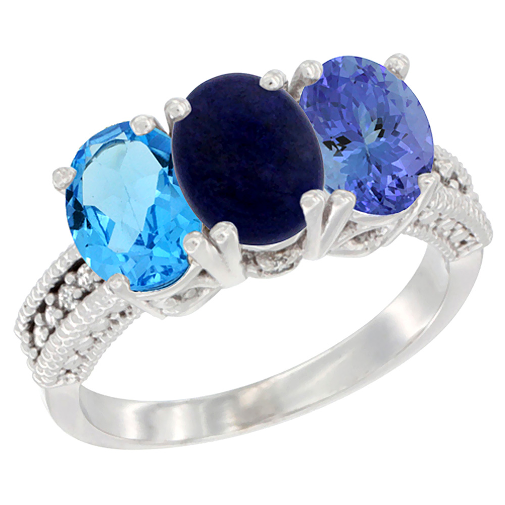 10K White Gold Natural Swiss Blue Topaz, Lapis & Tanzanite Ring 3-Stone Oval 7x5 mm Diamond Accent, sizes 5 - 10