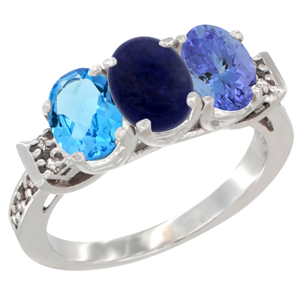 10K White Gold Natural Swiss Blue Topaz, Lapis & Tanzanite Ring 3-Stone Oval 7x5 mm Diamond Accent, sizes 5 - 10